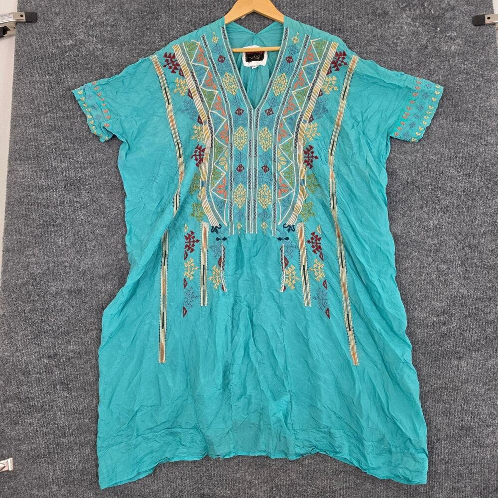 Johnny Was Dress S/M Silk Embroidered Kaftan Maxi Turquoise Boho Resort Beach